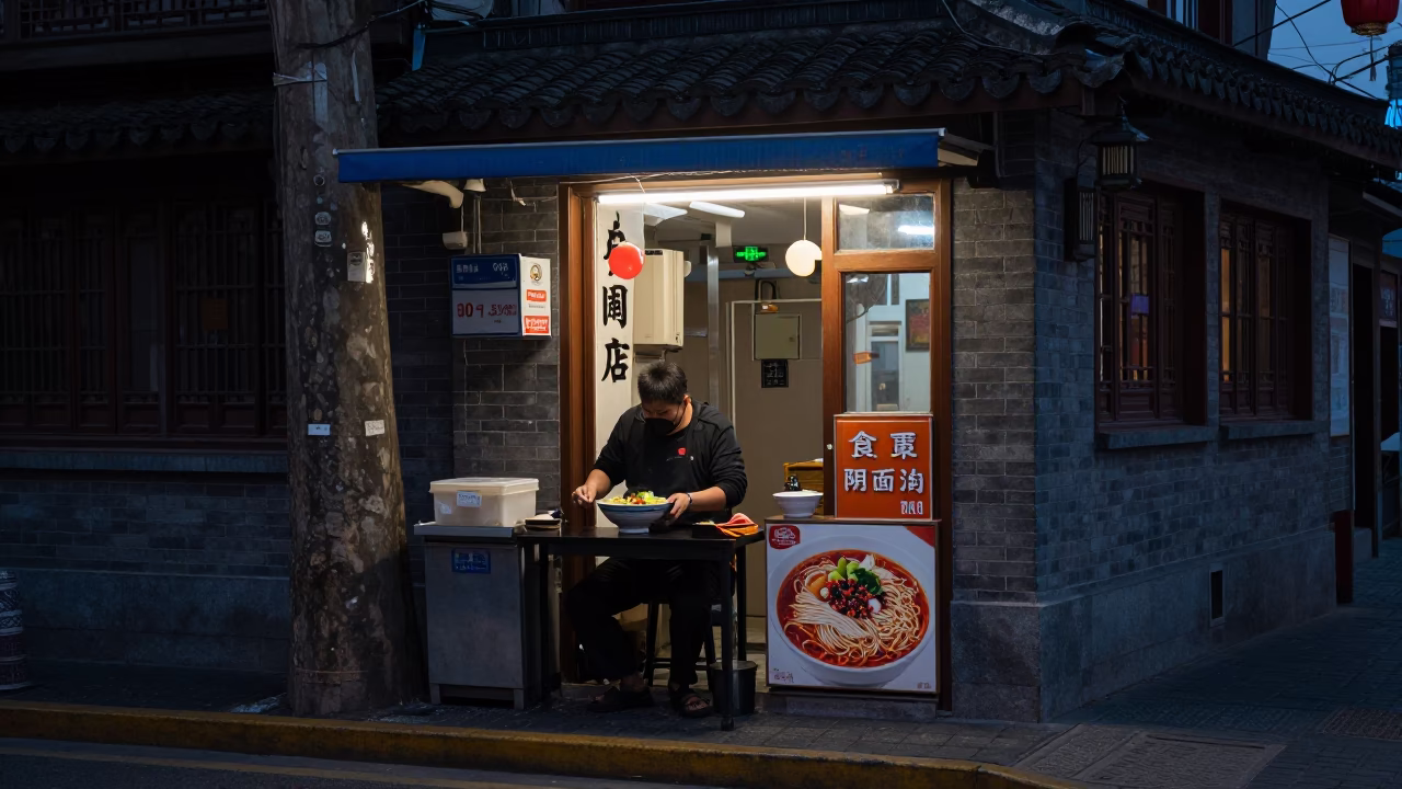Shanghai China predawn street scene with vendor and traditional elements in in Shanghai, China