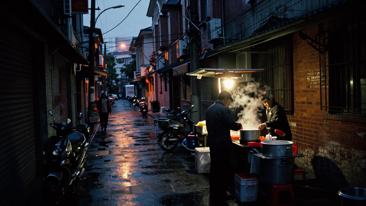 Shanghai China Predawn Street Scene with Vintage 1990s Aesthetic and Urban Details in in Shanghai, China