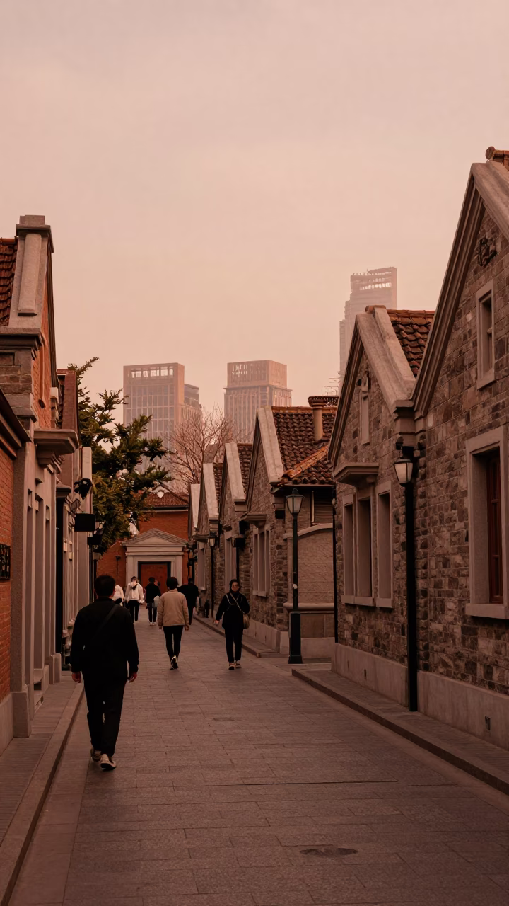 Shanghai China Street Scene Copper Toned Light Before Dusk with Local Market Activity in in Shanghai, China