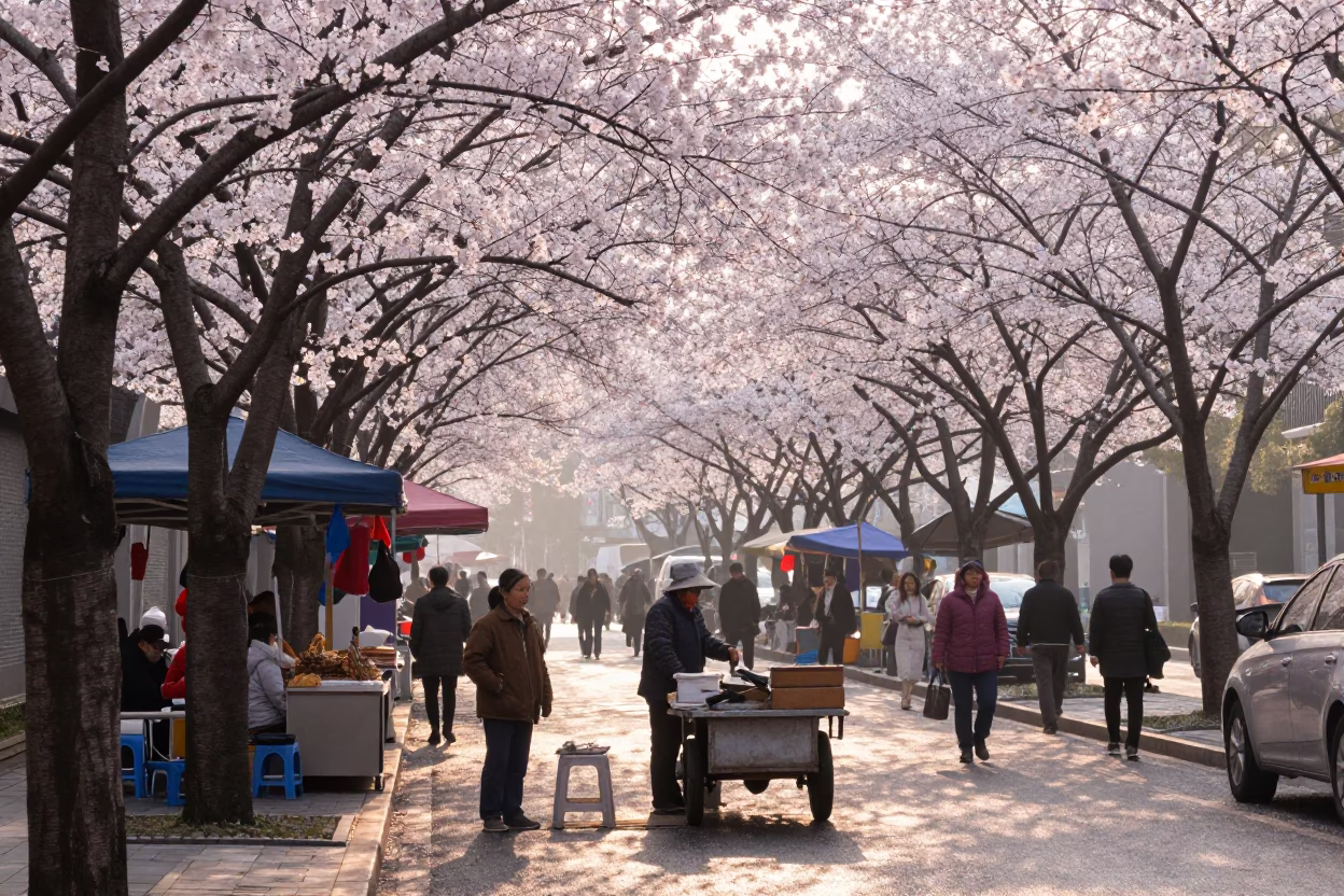 Shanghai China street scene just after sunrise with cherry blossoms and morning market activity in in Shanghai, China
