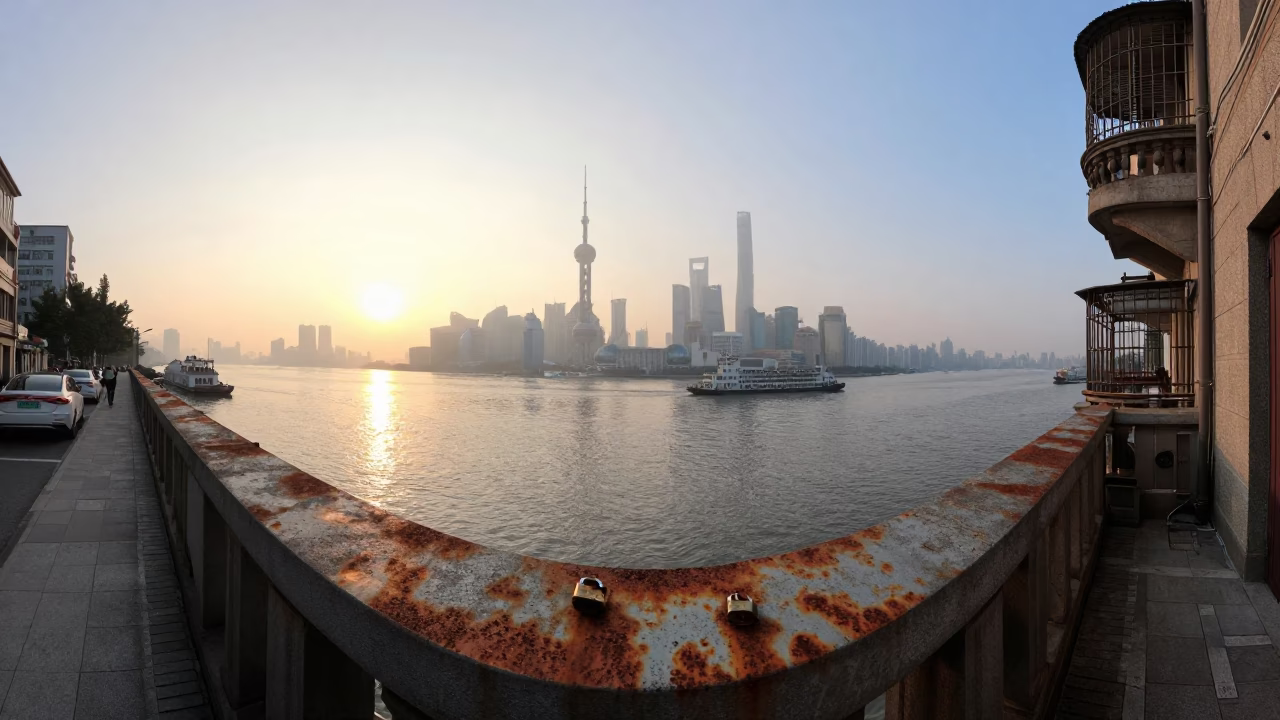 Shanghai China Sunrise Street Scene with Rust Sill and Padlock in in Shanghai, China
