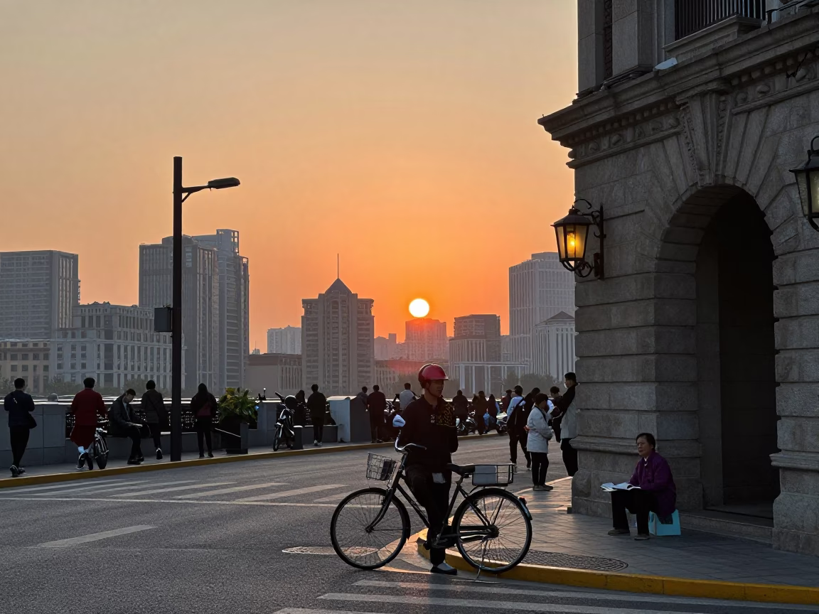 Shanghai China Sunset Street Scene with Bicycle and Book Light Illuminating Text in in Shanghai, China