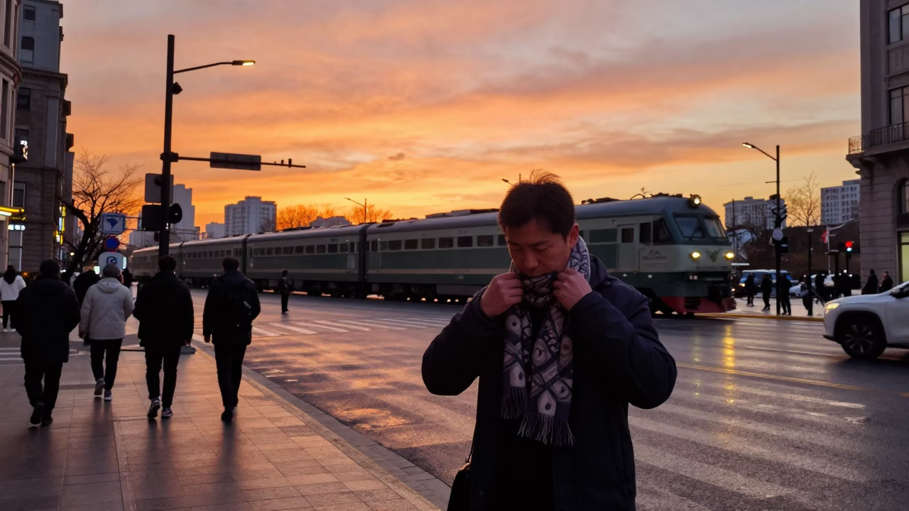 Shanghai China Sunset Street Scene with Locomotive and Scarf in in Shanghai, China