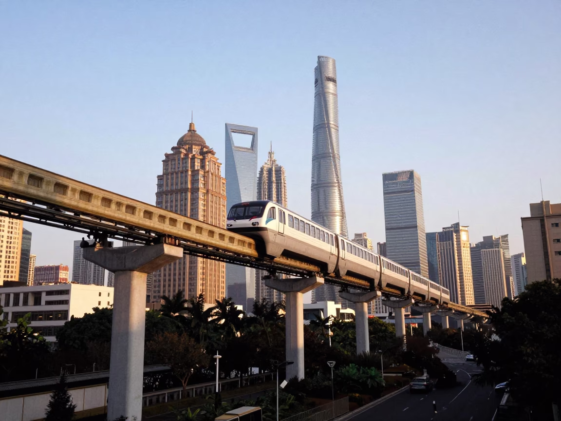 Shanghai City Skyline and Monorail Track in Clear Late Afternoon Light in in Shanghai, China