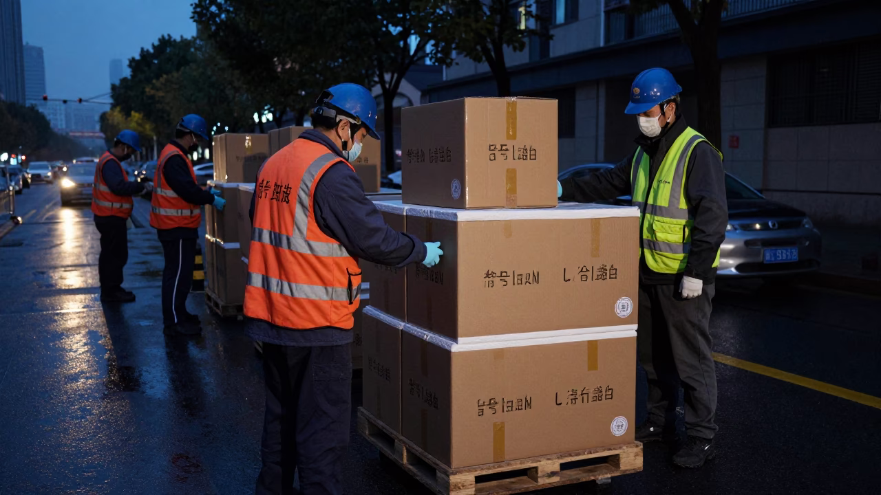 Shanghai Cold Chain Logistics Workers Inspecting Insulated Crates Before Dawn in in Shanghai, China