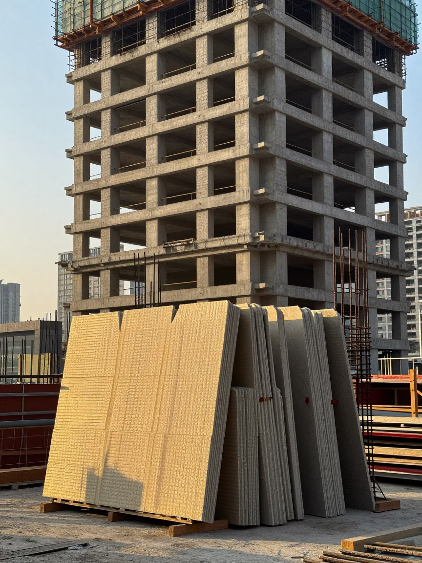 Shanghai Commercial Interior Construction Site at Dawn with Insulation Materials and City Skyline View in in Shanghai, China