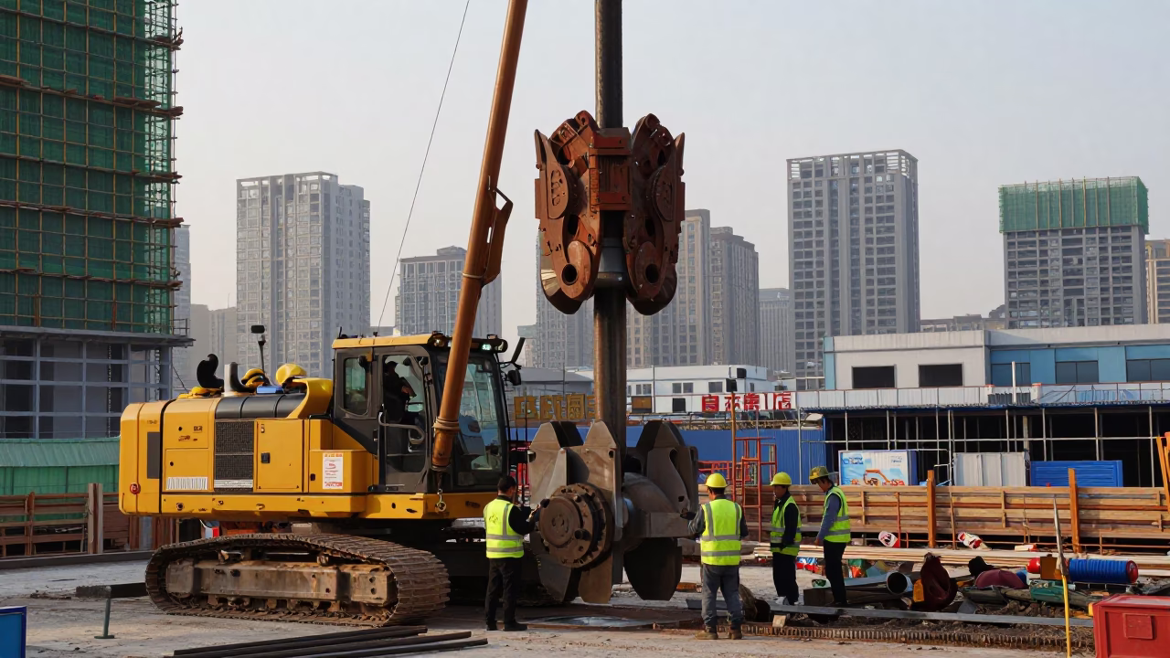 Shanghai Construction Site Late Afternoon Pile Driver and Urban Development Scene in in Shanghai, China