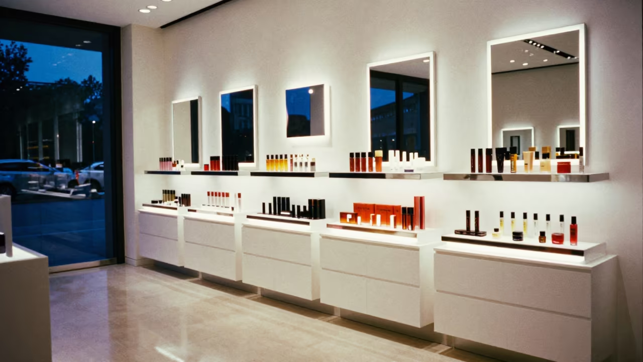 Shanghai Cosmetics Wall Blue Hour Interior in inside a bright retail aisle in Lujiazui, Shanghai