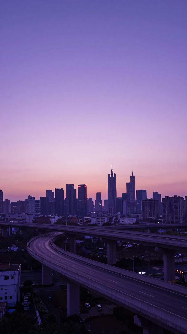 Shanghai Dawn Skyline Overpass Ramp Slicing Across Violet Sky at First Light in in Shanghai, China