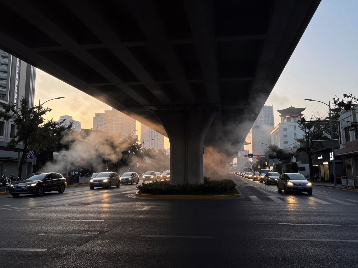 Shanghai Dawn Street Scene Under Overpass with Steam and Urban Details in in Shanghai, China