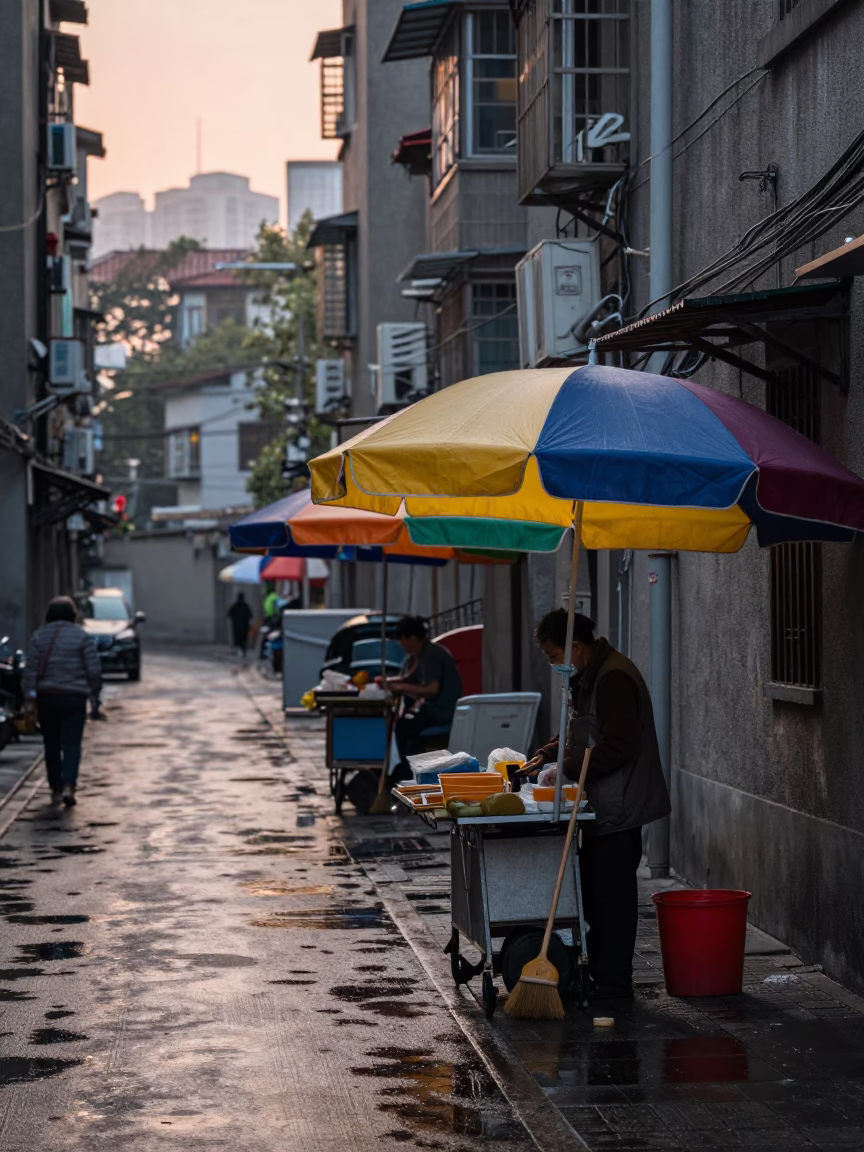 Shanghai Dawn Street Scene with Vendor Umbrellas and Brush Cleaning in in Shanghai, China