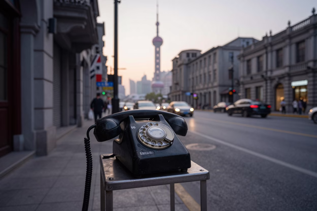 Shanghai Dawn Street Scene with Vintage Bakelite Telephone and Local Market Activity in in Shanghai, China