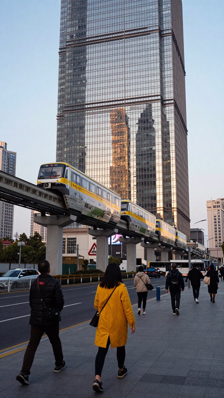 Shanghai Early Afternoon Street Scene with Monorail Reflection in Glass Skyscraper in in Shanghai, China