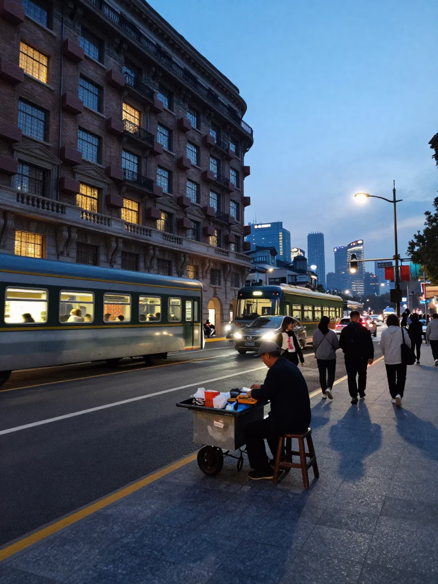 Shanghai Early Evening Street Scene with Commuter Train and Local Market Details in in Shanghai, China