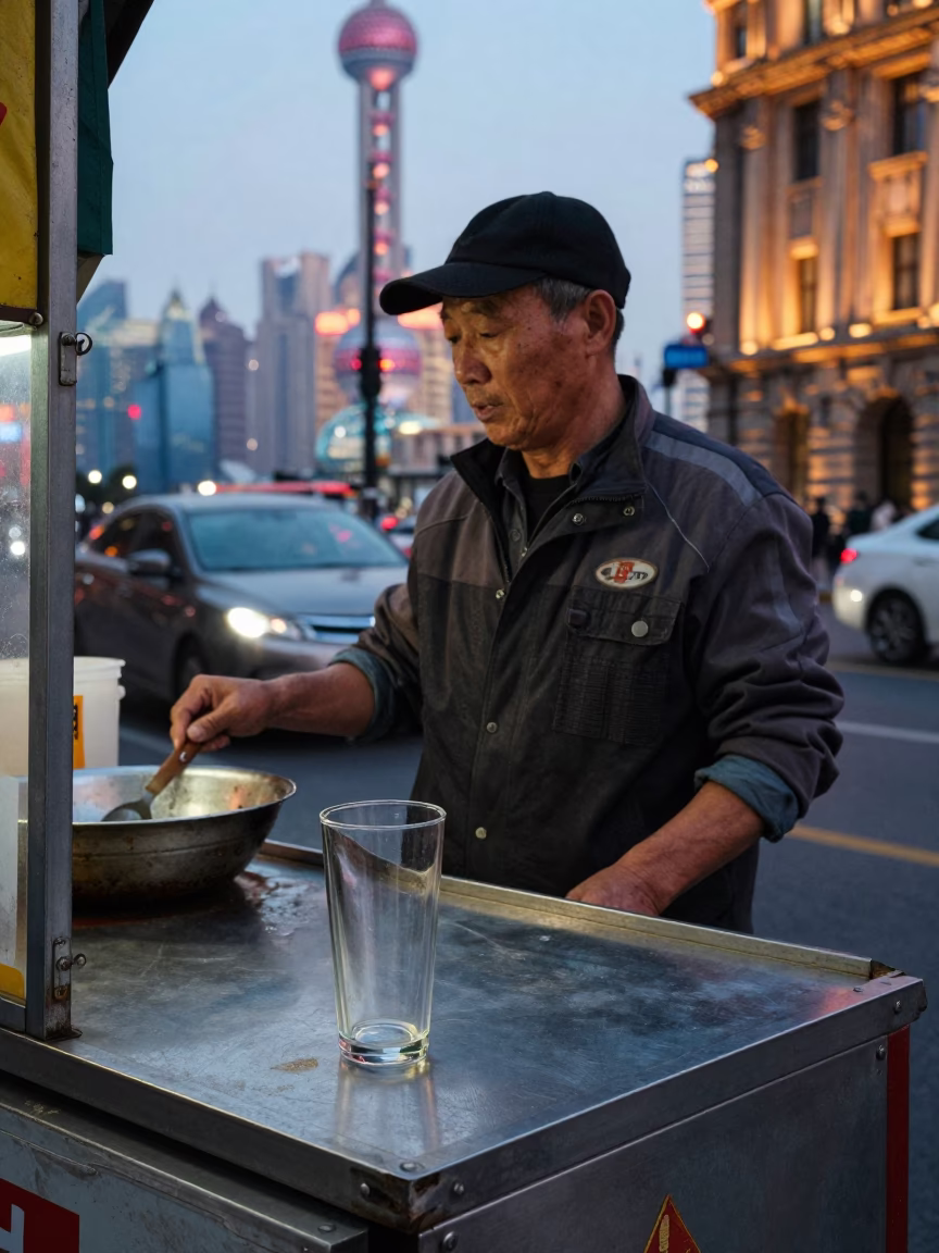 Shanghai Early Evening Street Scene with Glass Tumbler and Water Treatment Basin Reflections in in Shanghai, China
