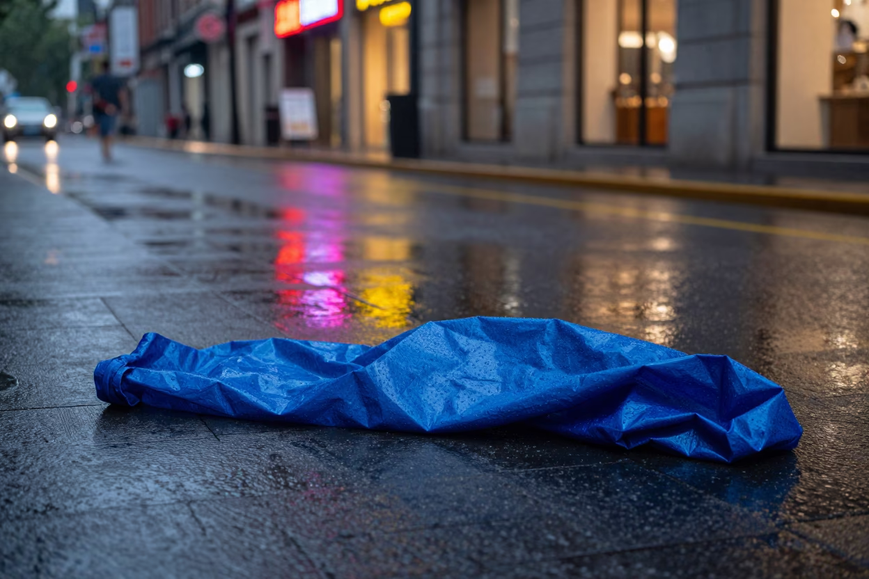 Shanghai early evening street scene with wet asphalt and distant city skyline in in Shanghai, China