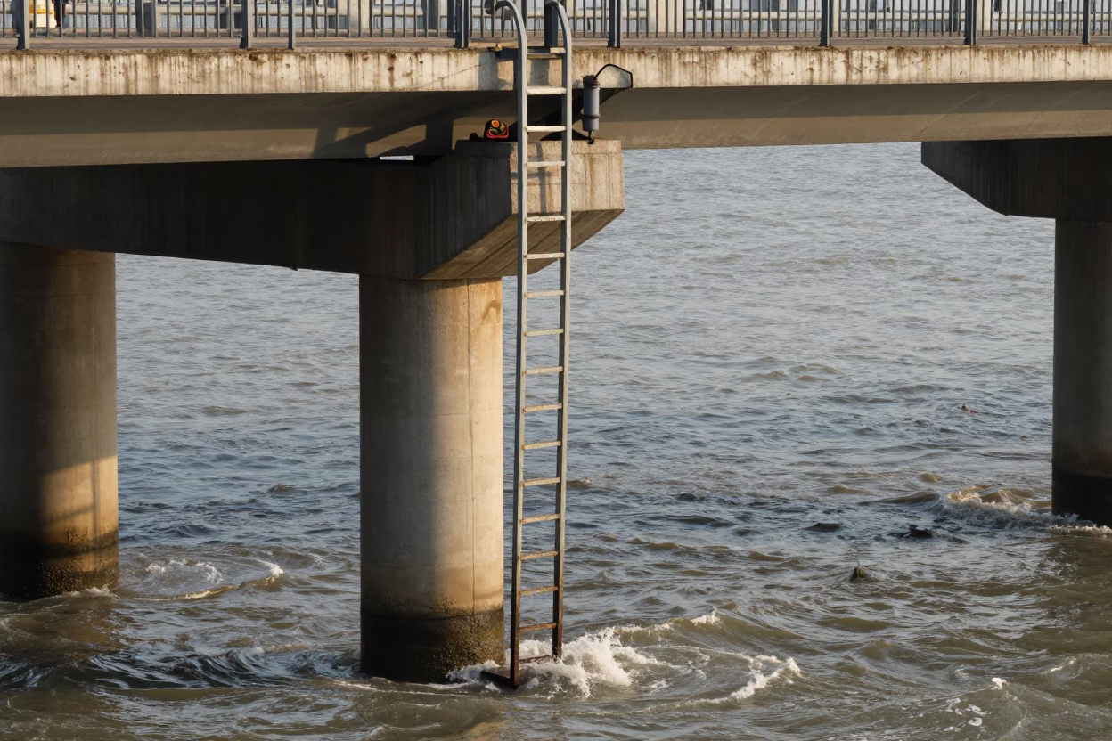 Shanghai Early Morning Bridge Pier Inspection Ladder Above Choppy Estuary Water in in Shanghai, China