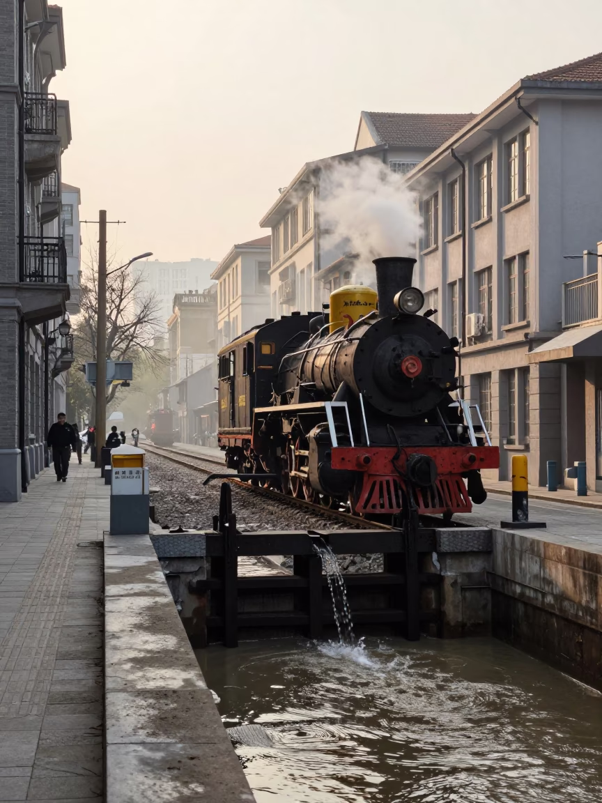Shanghai Early Morning Street Scene with Narrow Gauge Steam Train and Canal in in Shanghai, China