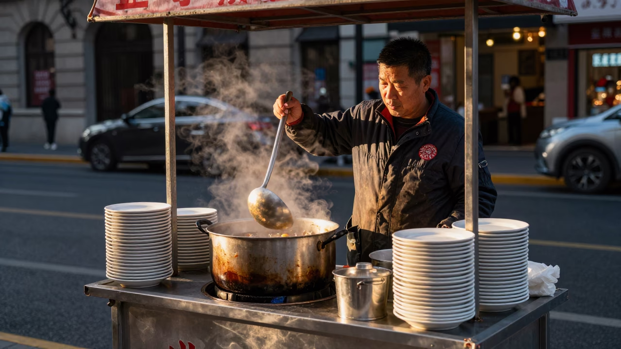 Shanghai Evening Street Scene Ladle and Stacked Plates Vendor in in Shanghai, China