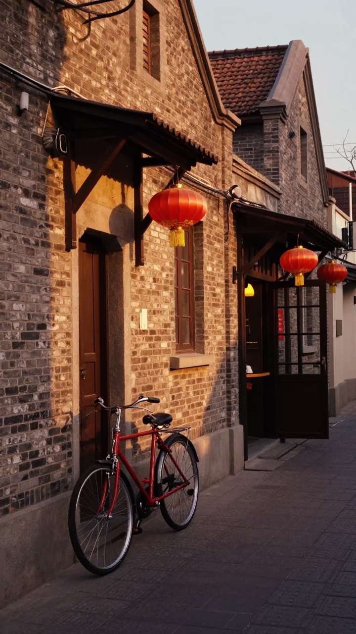Shanghai Evening Street Scene with Bicycle and Lanterns in Honeyed Light in in Shanghai, China