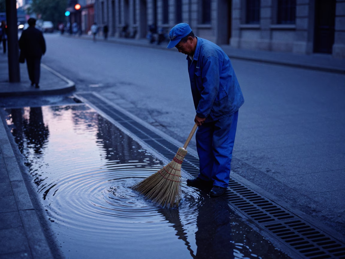 Shanghai Evening Street Scene with Broom and Water Ripples in Blue Light in in Shanghai, China