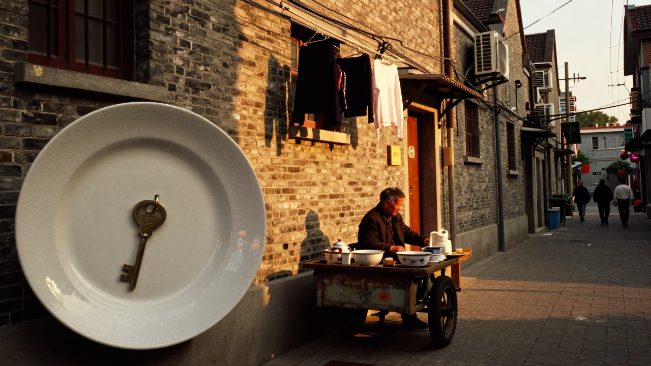 Shanghai evening street scene with ceramic plate and key bowl on outdoor table in in Shanghai, China