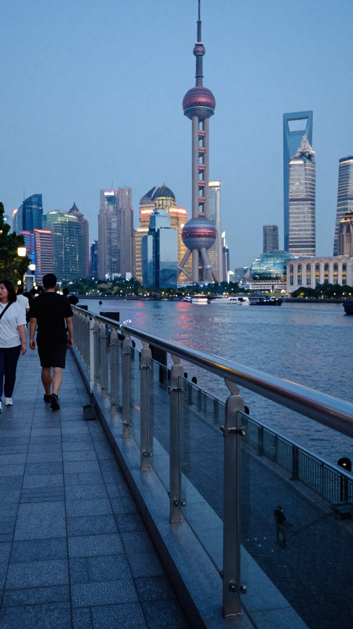 Shanghai Evening Street Scene with Clear Glass Rail and Vintage Bakelite Telephone in in Shanghai, China