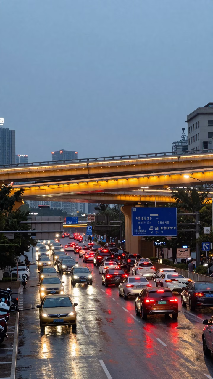 Shanghai Evening Street Scene with Glowing Overpass and Rain-Slicked Urban Life in in Shanghai, China