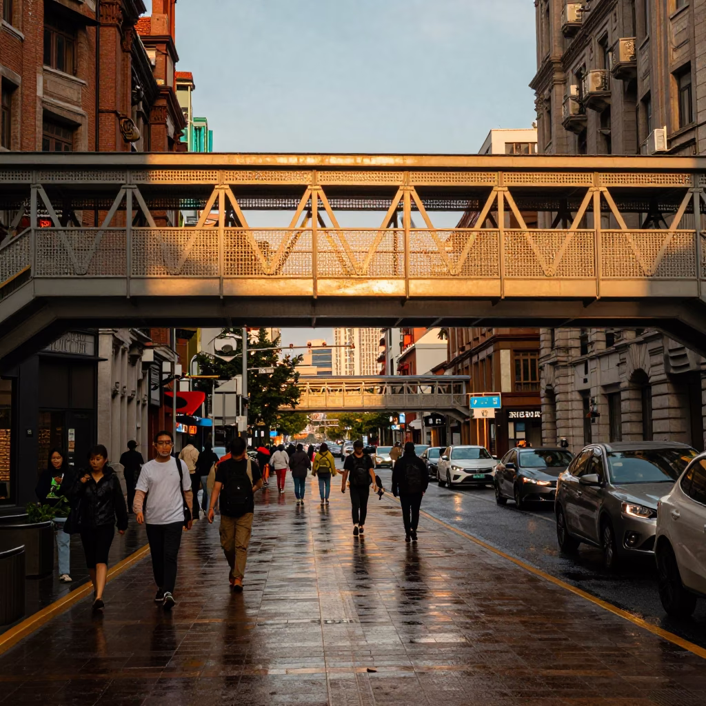 Shanghai Evening Street Scene with Pedestrian Overpass and Wet Footsteps in in Shanghai, China