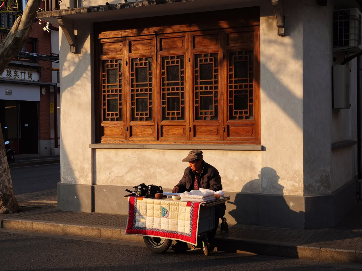 Shanghai Evening Street Scene with Quilt Vendor and Urban Life in in Shanghai, China