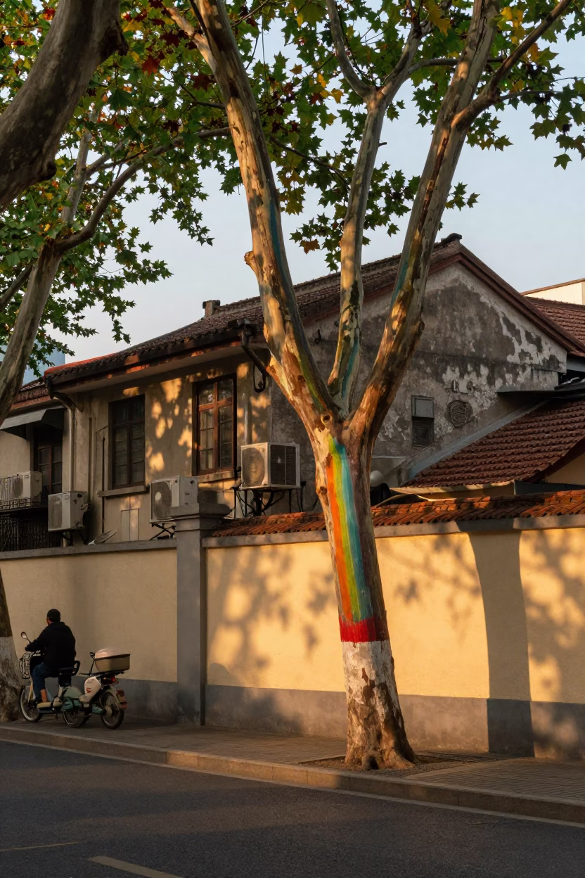 Shanghai Evening Street Scene with Rainbow Eucalyptus and Traditional Stair Rail in in Shanghai, China