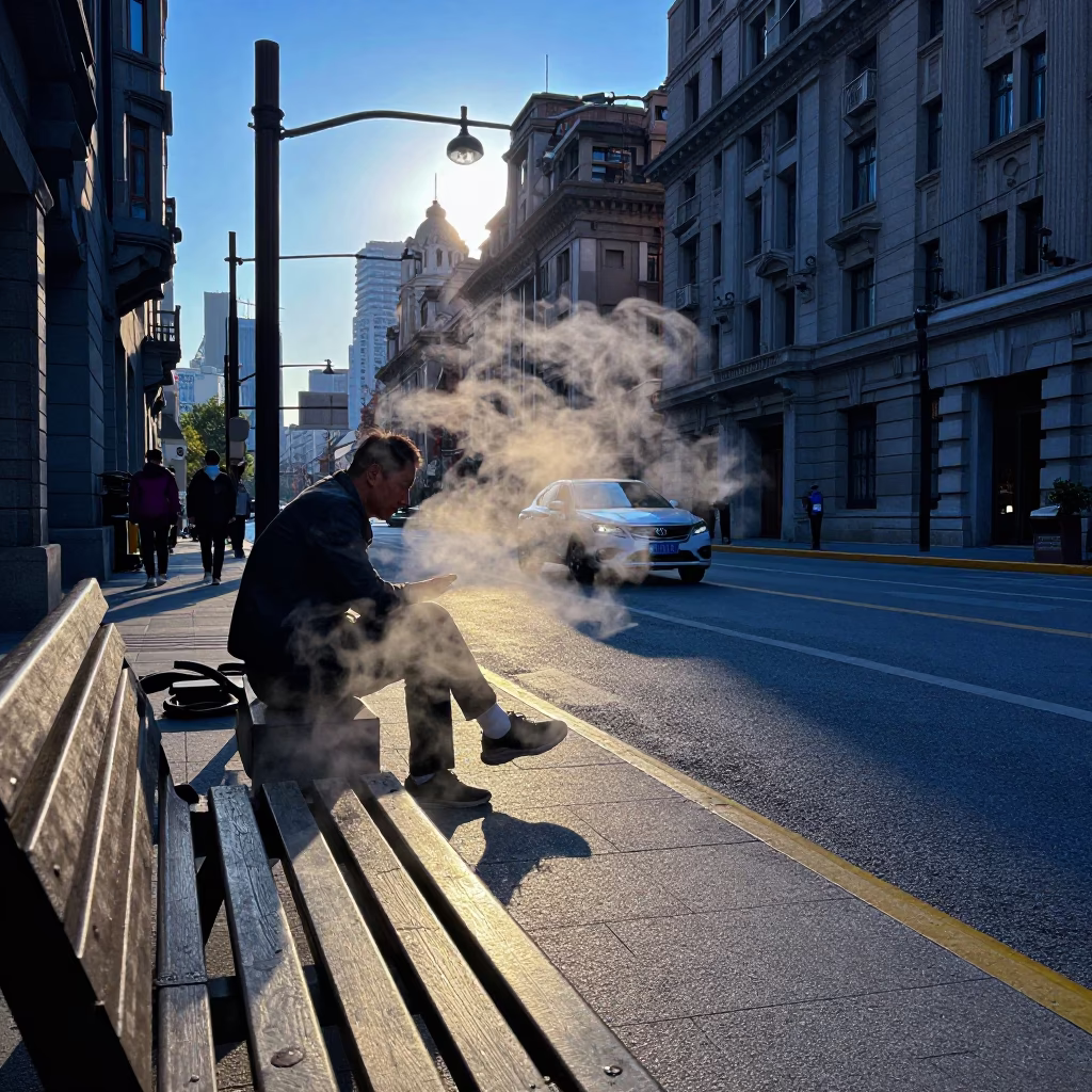 Shanghai Evening Street Scene with Steam and Sunlight in Late 1970s in in Shanghai, China