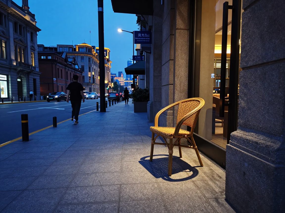 Shanghai Evening Street Scene with Wicker Chair Shadow and Local Dining in in Shanghai, China