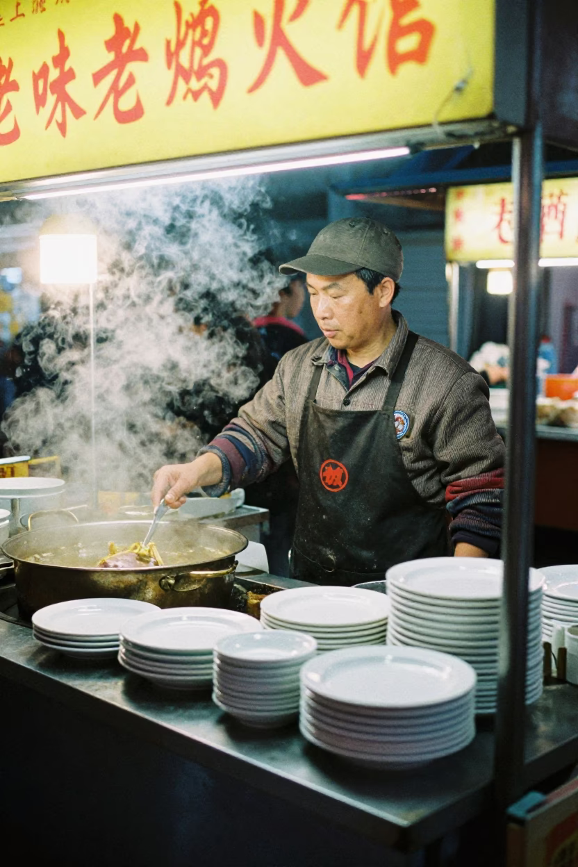 Shanghai Food Vendor at Deep In The Night Light in in Shanghai, China