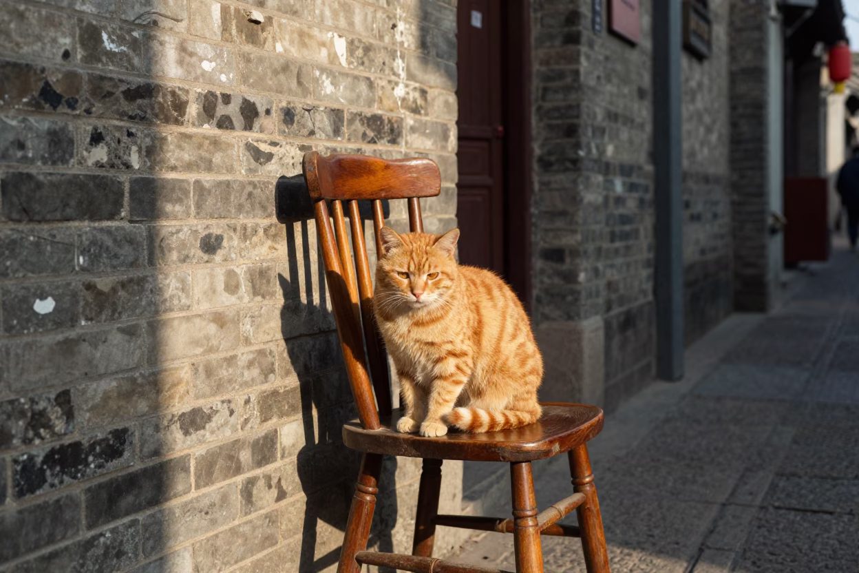 Shanghai Ginger Cat at Clear Late-afternoon Light in in Shanghai, China