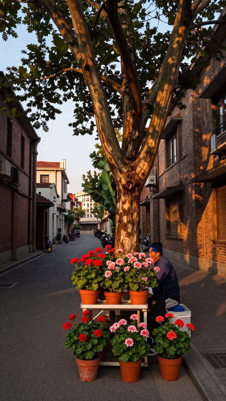 Shanghai Golden Hour Street Scene with Banyan Tree and Colorful Geraniums in in Shanghai, China