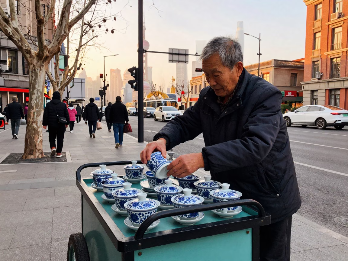 Shanghai Golden Hour Street Scene with Blue Floral Porcelain Tea Service in in Shanghai, China