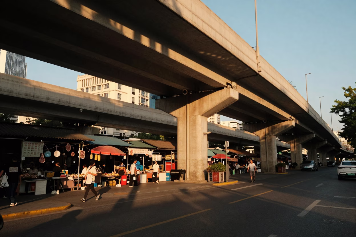 Shanghai Golden Hour Street Scene with Flyover Shadows and Local Market Activity in in Shanghai, China