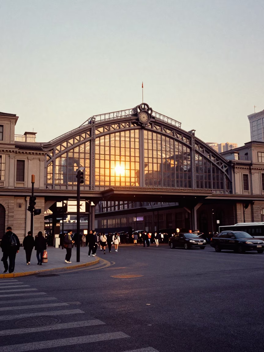 Shanghai Golden Hour Street Scene with Glass Steel Train Station and Local Dining in in Shanghai, China