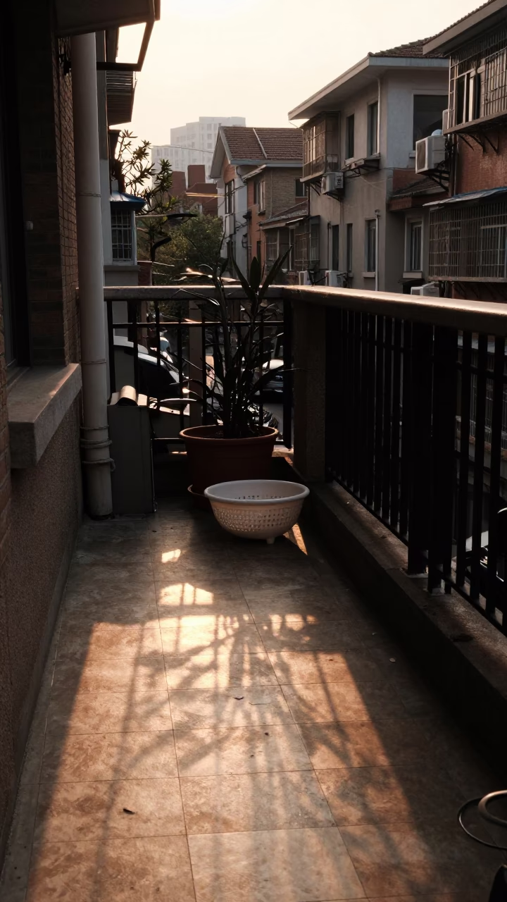 Shanghai Golden Hour Street Scene with Plant Pot and Colander on Balcony in in Shanghai, China