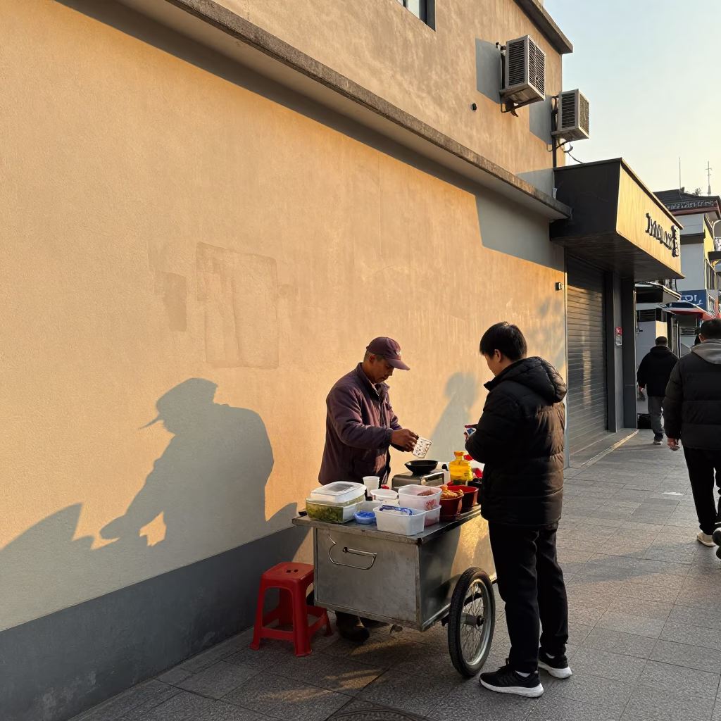 Shanghai Golden Hour Street Scene with Smudged Wall and Local Interaction in in Shanghai, China