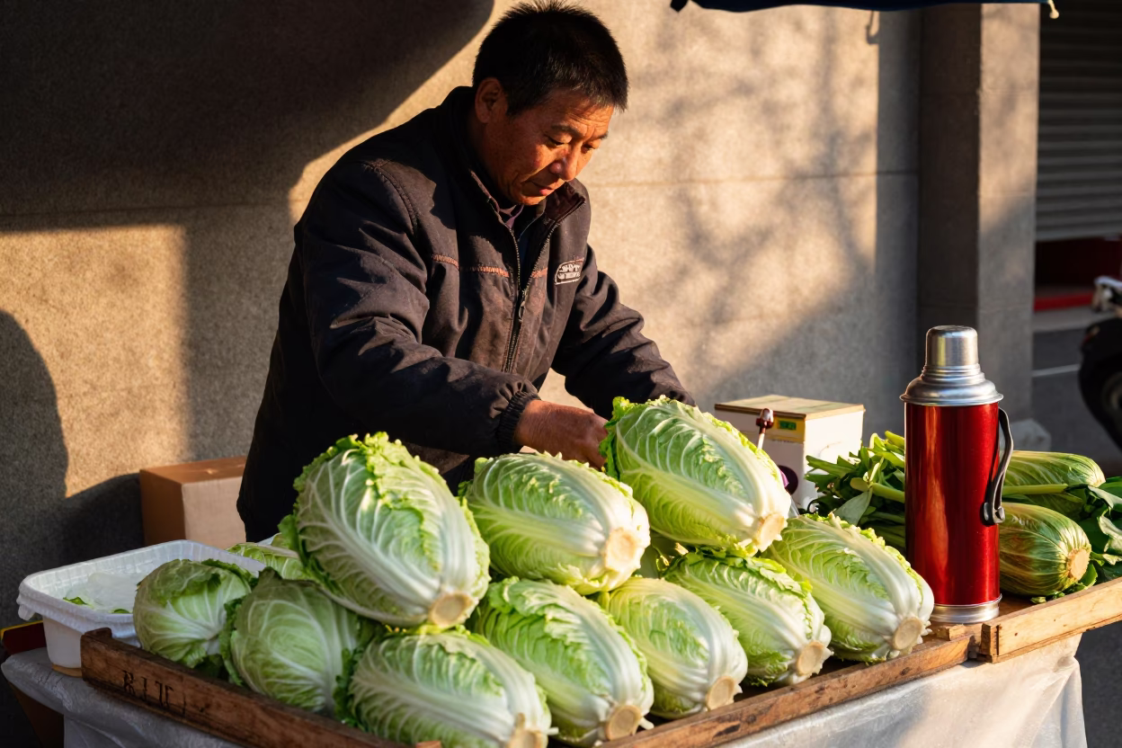 Shanghai Golden Hour Street Vendor with Thermos and Fresh Cabbages in Urban Market in in Shanghai, China