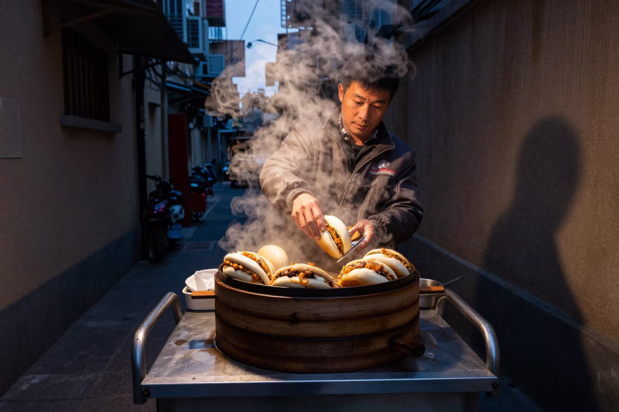 Shanghai Gua Bao at The Predawn Darkness Light in in Shanghai, China