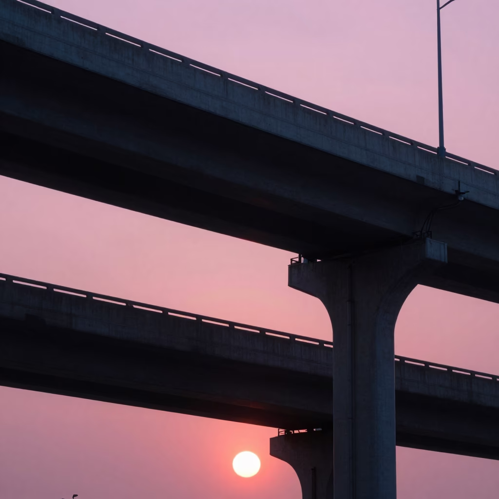 Shanghai Highway Flyover Stack Against Pink Evening Sky with Street Level Activity in in Shanghai, China