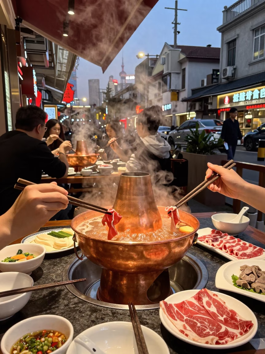 Shanghai Hotpot Dinner in Copper Dusk Light with Steam and Ingredients in in Shanghai, China