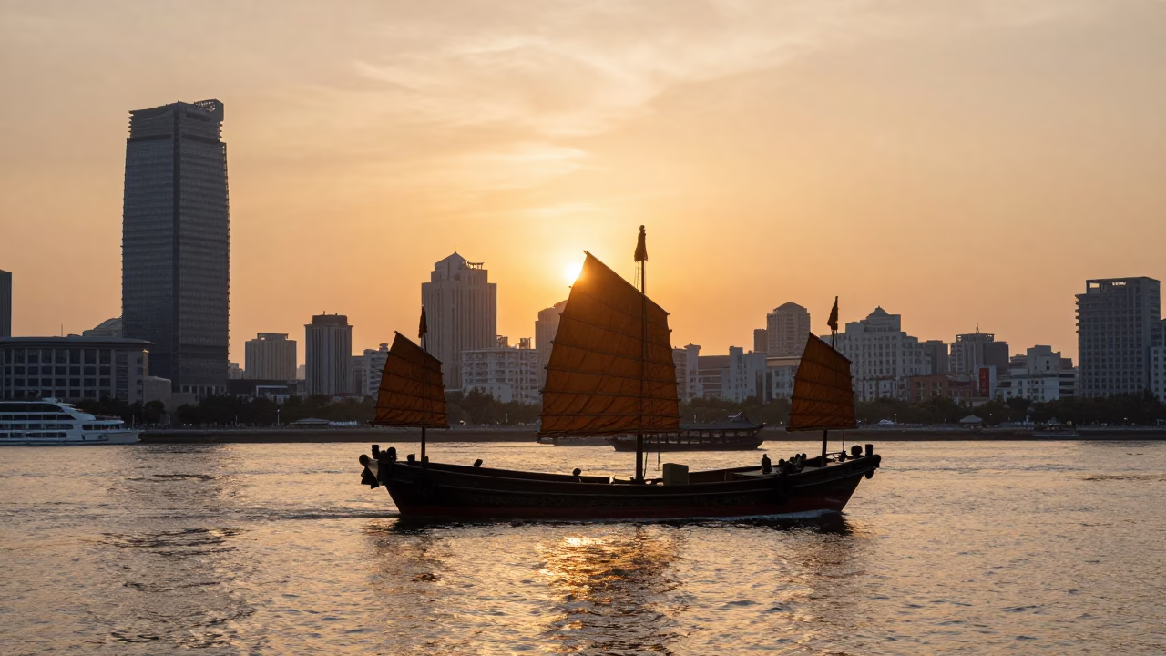 Shanghai Huangpu River at Sunset with Traditional Junk Boats and Modern Skyline in in Shanghai, China