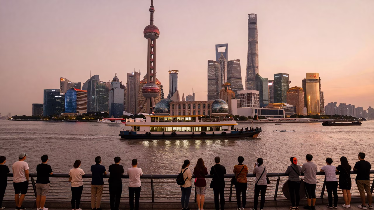 Shanghai Huangpu River ferry crossing at dusk with cargo crates and clipboard in in Shanghai, China