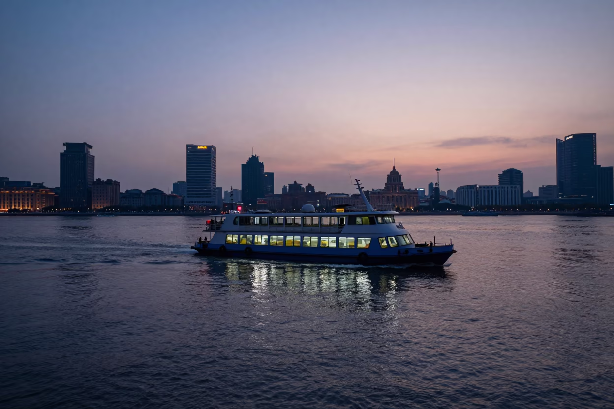 Shanghai Huangpu River Ferry Departing at Nautical Dawn with Distant Skyscrapers in in Shanghai, China