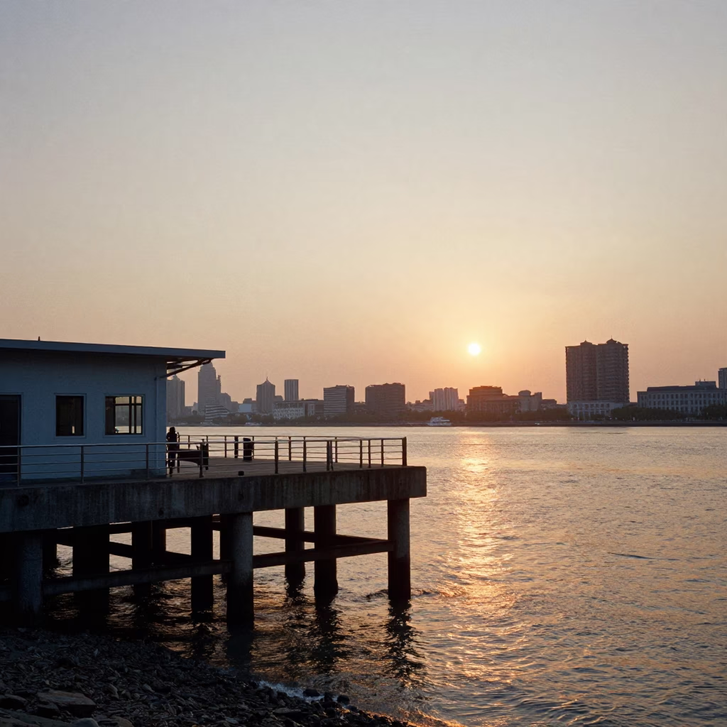 Shanghai Huangpu River Ferry Ramp at Sunset with Steel Piling and Urban Skyline in in Shanghai, China