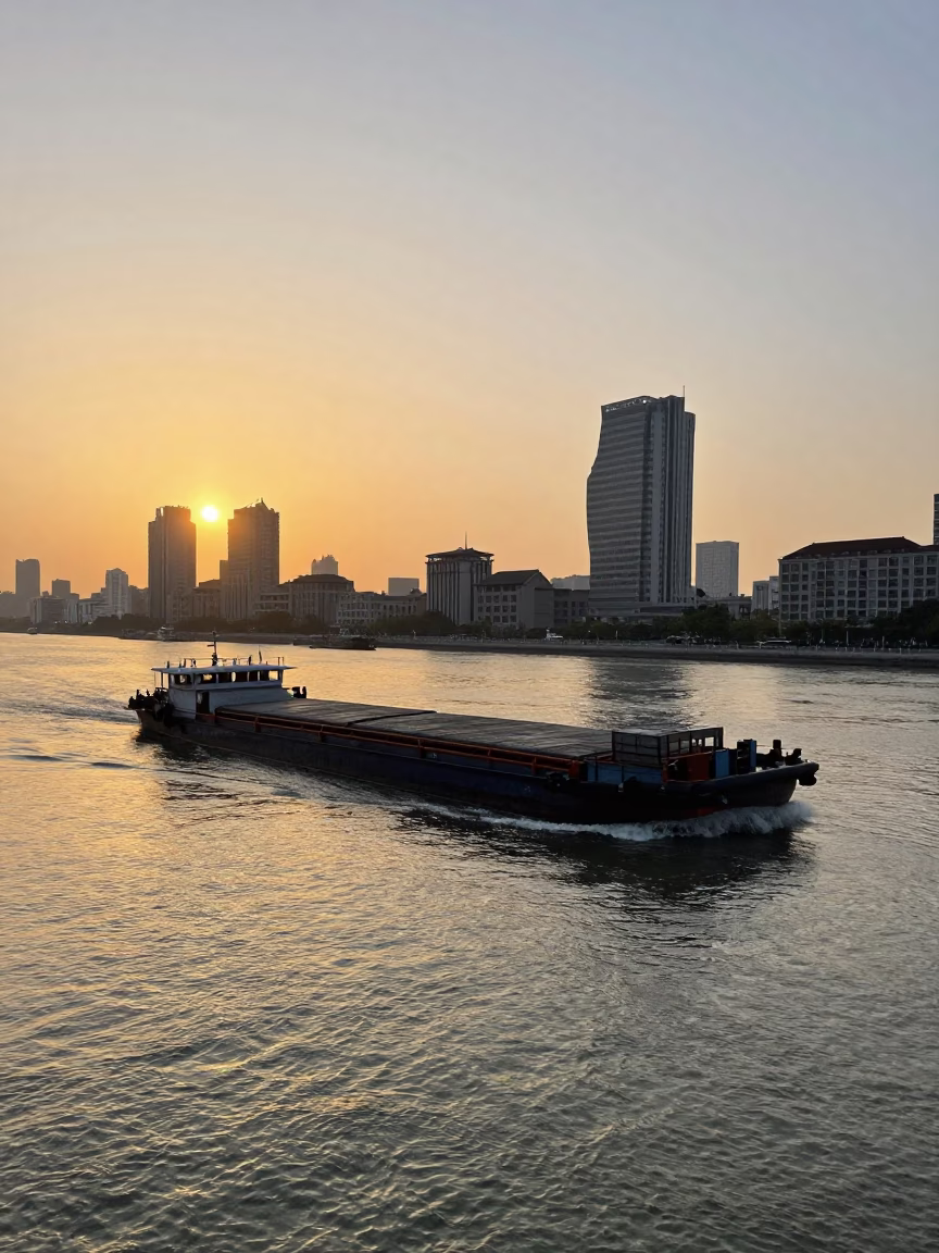 Shanghai Huangpu River Golden Hour Canal Barge Cargo Street Life in in Shanghai, China